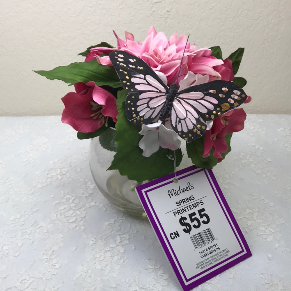 Fishbowl Faux Flower Arrangement with Butterfly